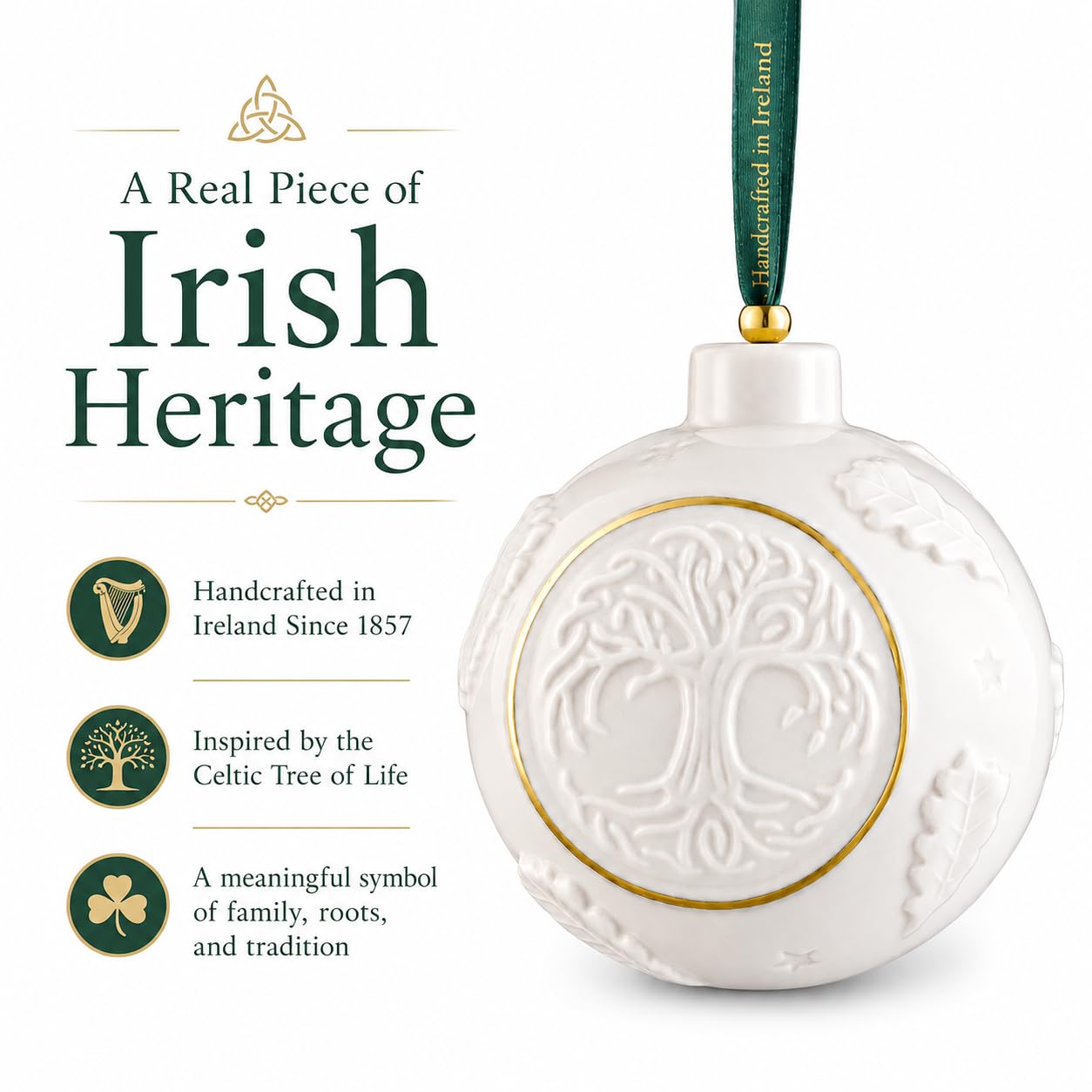 Belleek Classic Tree of Life Bauble Hanging Ornament, 3.1-Inch Handpainted Porcelain Celtic Irish Christmas Decoration