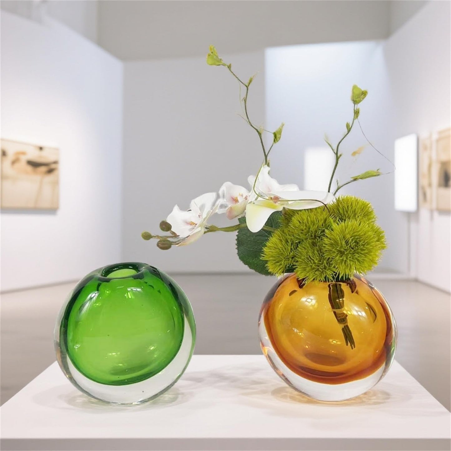 Modern Glass Vase | Tall Crystal Vase for Centerpieces | Light Blue Hydroponic Glass Vase | Unique Floral Decor | Handblown Decorative Vase for Flowers Amber