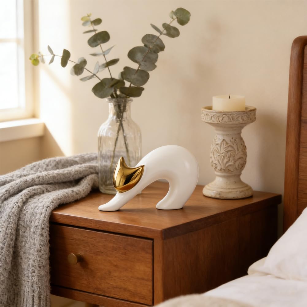 XIYOUQI Cat Statues Home Decor White Ceramic Cat Figurine, Gold Cat Figurine Accent, Modern Cat Sculpture 7.9in, Desk Cat Statue for Office Shelf