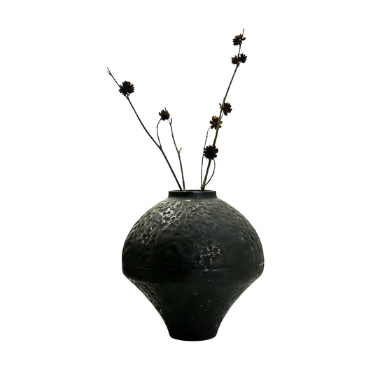 SECHUDO Unique Handmade Cast Iron Vase for Dried Flowers or Pampas Grass, Heavy and Durable Wabi Sabi Vases, Matte Black Vase for Modern, Rustic and Farmhouse Decor (Matte Black, 7" W×7" H)