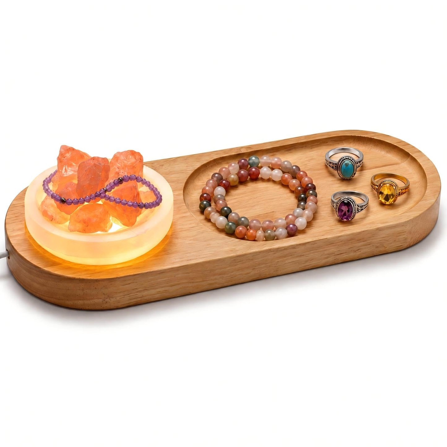 Hushee Selenite Crystal Bowl Jewelry Tray for Women Room Aesthetic Decor Gift, Set of 3 Light up Decorative Wood Jewelry Holder Selenite Bowl & Rose Quartz Stone for Essential Oil Healing Meditation
