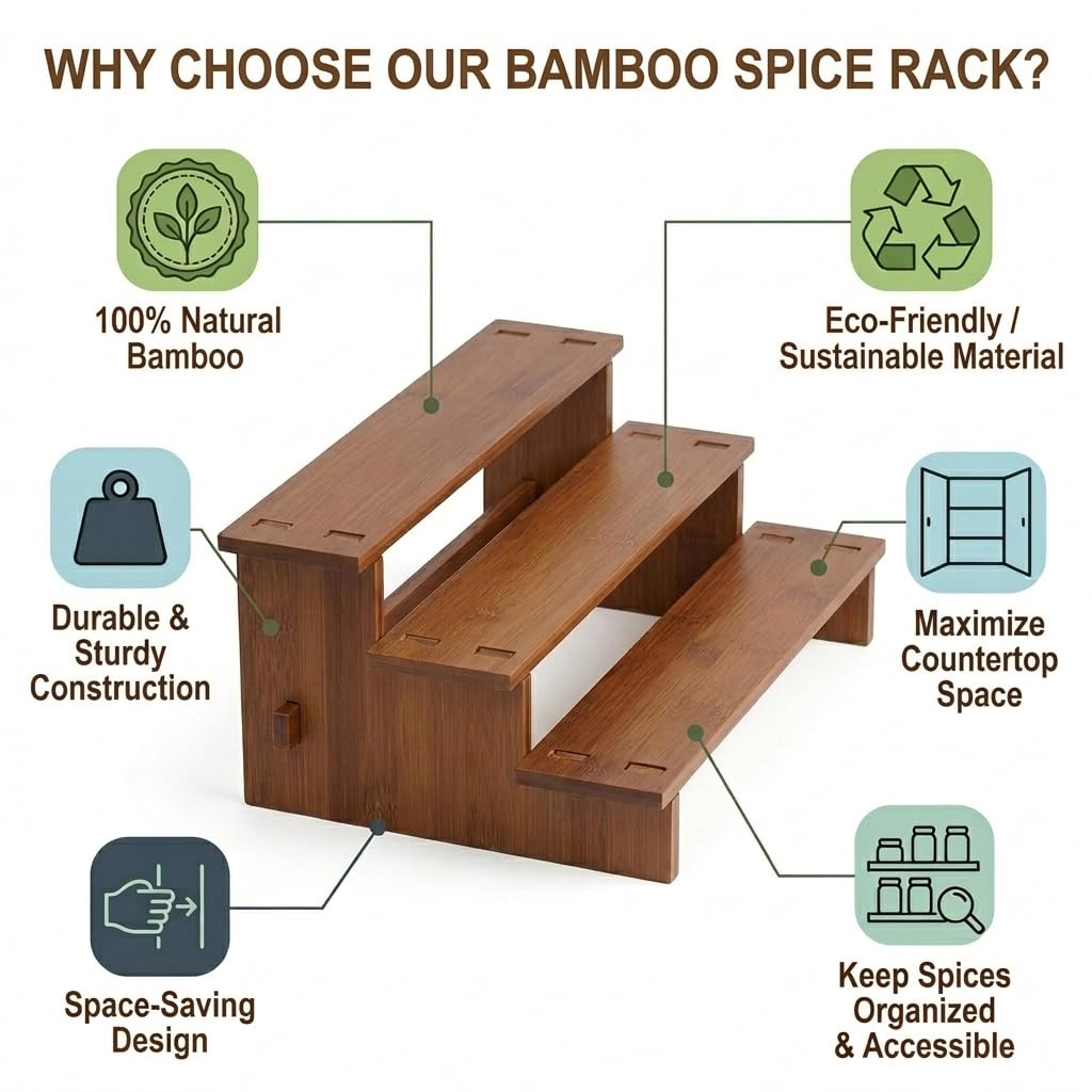 Pinkrin Bamboo Spice Rack Organizer for Cabinet, 3 Tier Wooden Tiered Spice Shelf for Countertop, Standing Kitchen Seasoning & Spice Jar Racks for Pantry, Inside Cabinets & Cupboard
