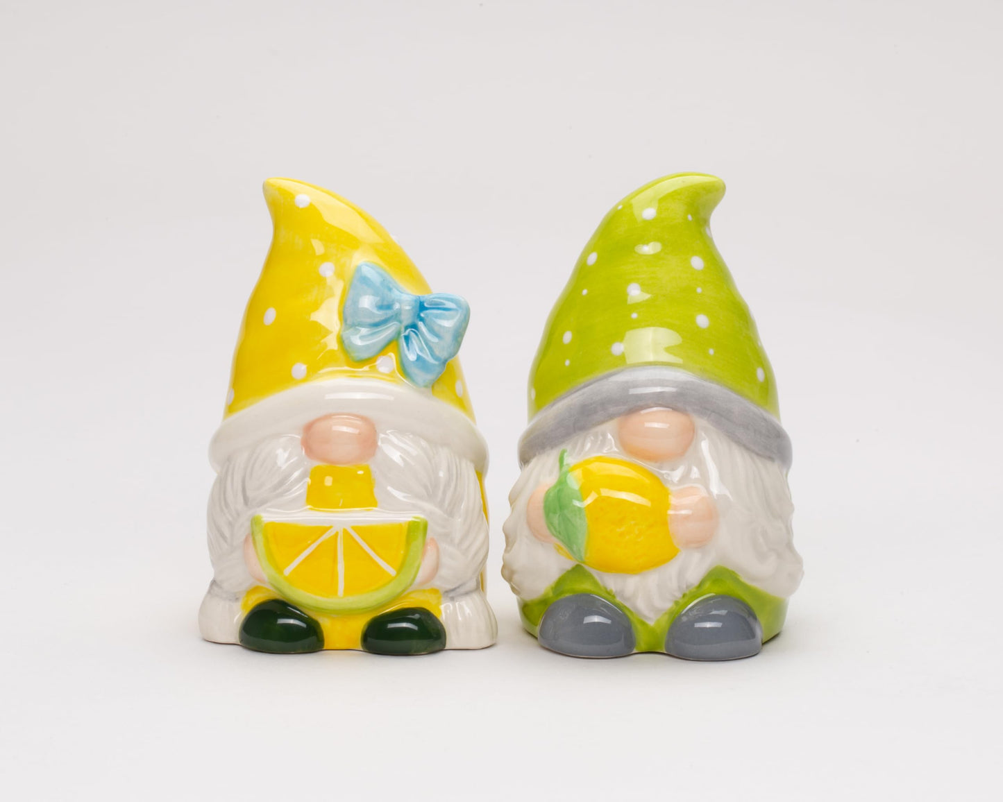Fine Ceramic Summer Lemon Lime Cool Gnome Couple Salt & Pepper Shakers Set, 3-5/8" H