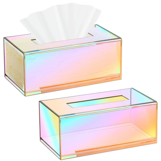Layhit 2 Pcs Iridescent Tissue Box Acrylic 9.37 x 4.72 x 3.94 Inch Acrylic Clear Tissue Box Dispenser Cute Tissue Box Holder for Facial Napkins Bathroom Desks