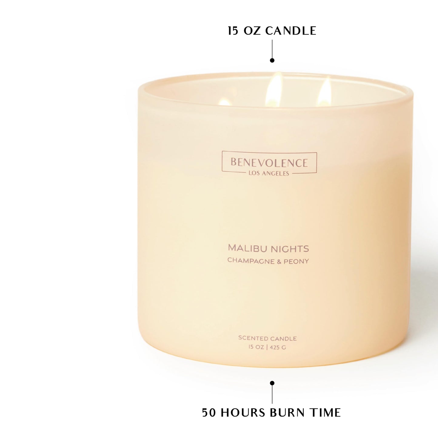 Champagne & Peony – Benevolence LA Large 3-Wick Scented Candle for Home | 15oz, 50-Hour Burn | Natural Soy Wax, Cotton Wicks | Gift Ideas for Women | Malibu Sands Collection