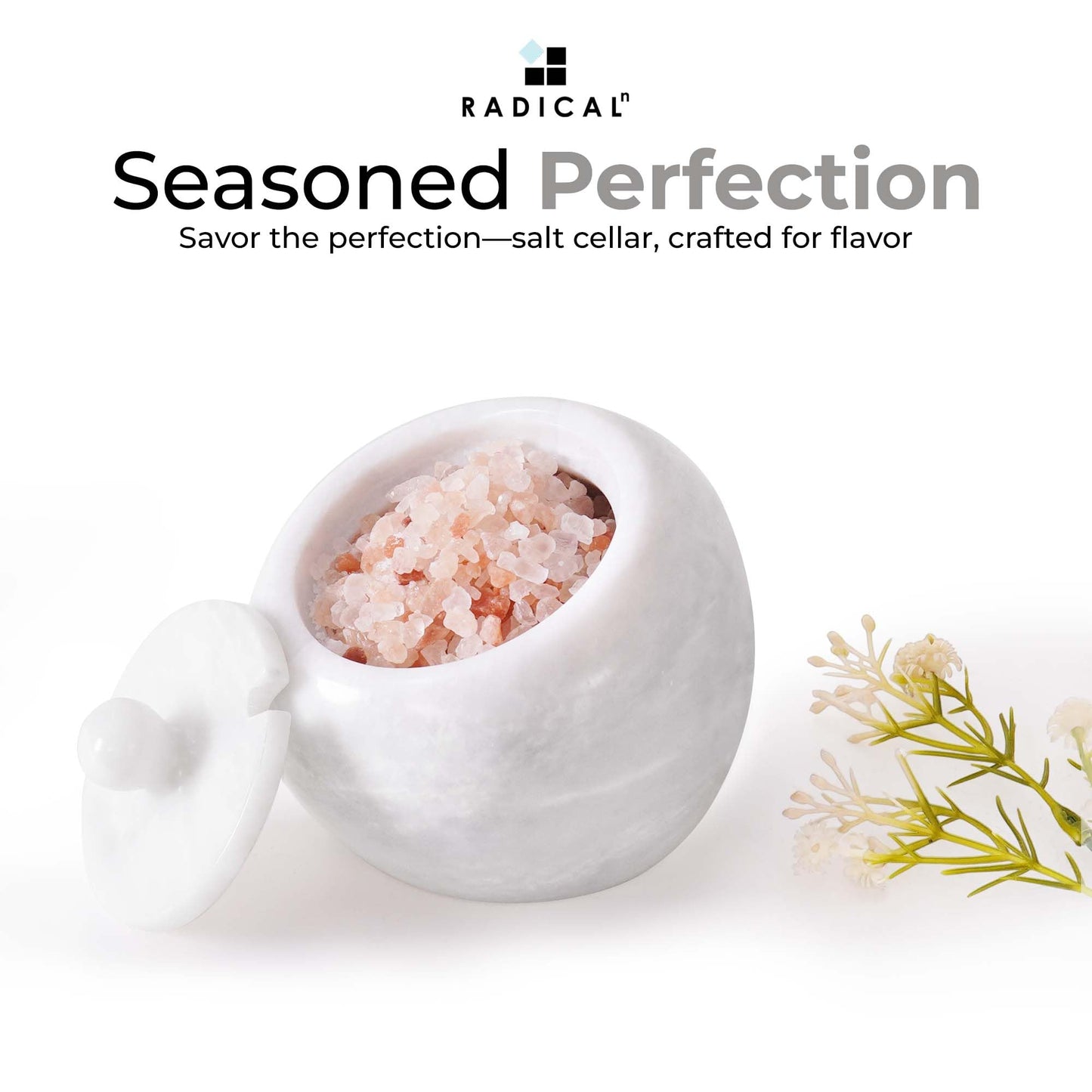 Radicaln Marble Salt Cellar with Lid 4" Inch White Salt Jar & Spice Storage Containers For Kitchen Countertop, Ideal Sugar Bowl & Salt dish For Table