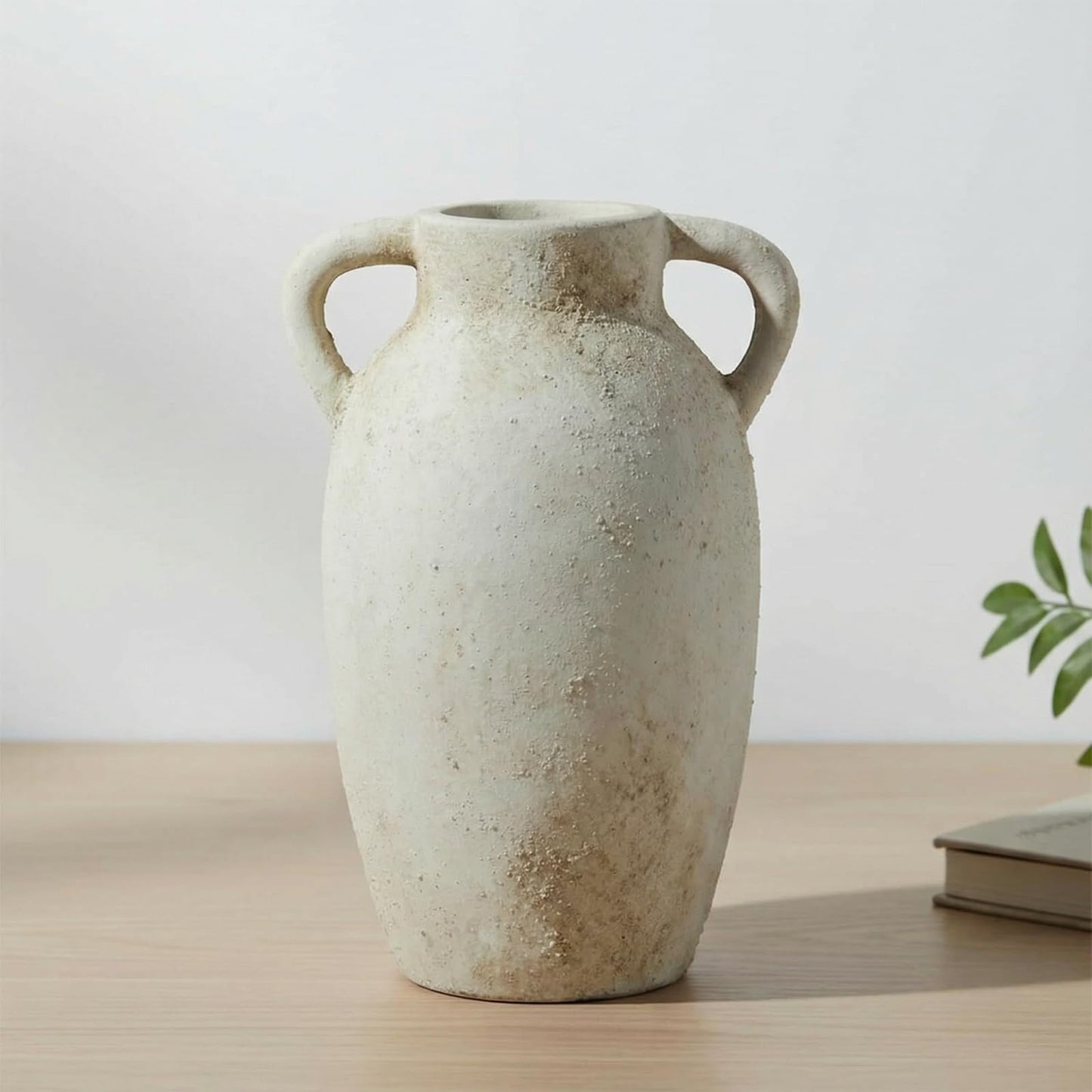 Ceramic Flower Vase Home Decor – 9.8 Inch Pottery Rustic Farmhouse Decorative Vase with Handles for Table Centerpiece, Shelf & Mantel, Beige