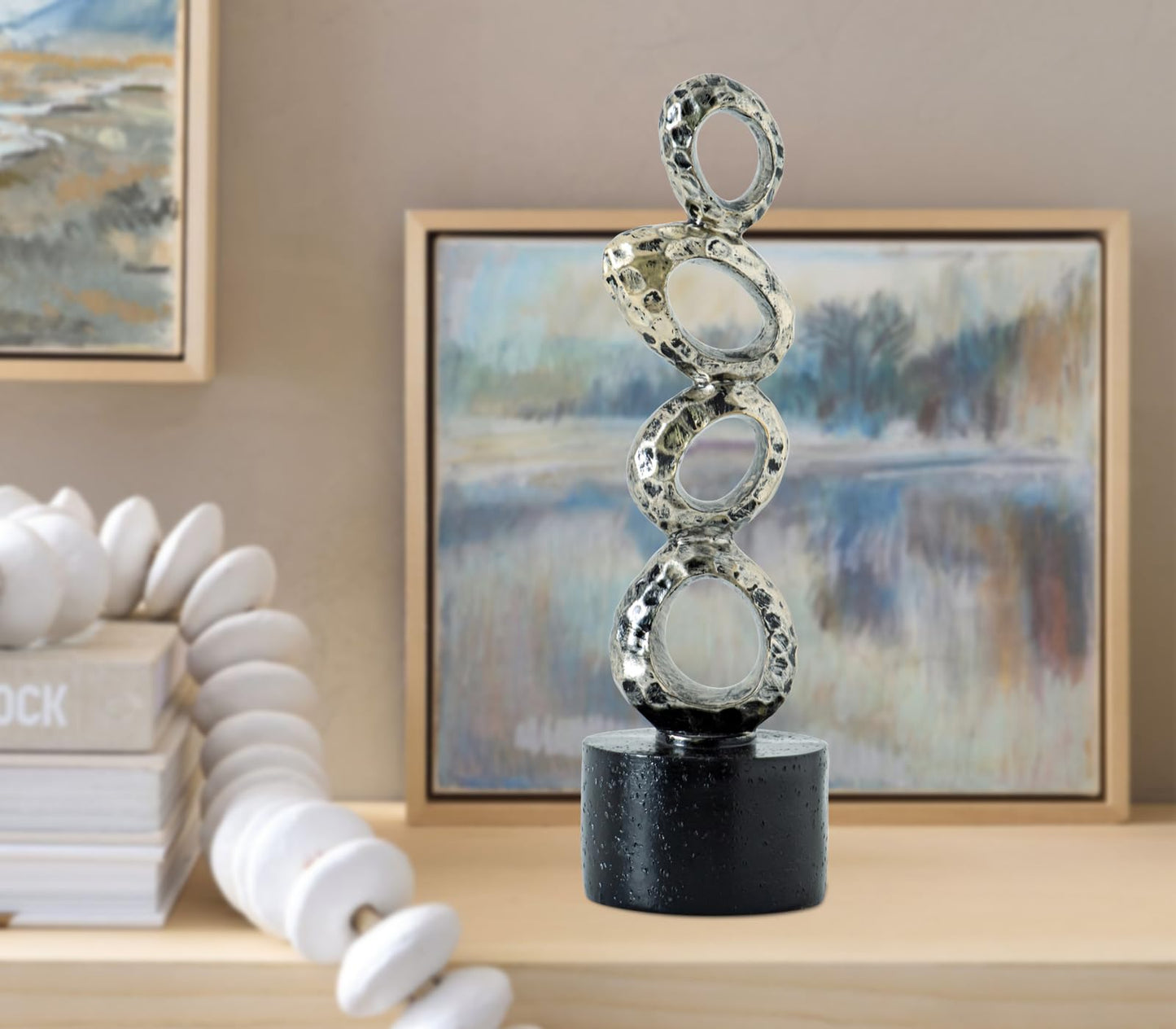 GABROC Modern Abstract Resin Sculpture - Irregular Gold Oval Rings with Black Cylindrical Base for Elegant Home & Office Decor