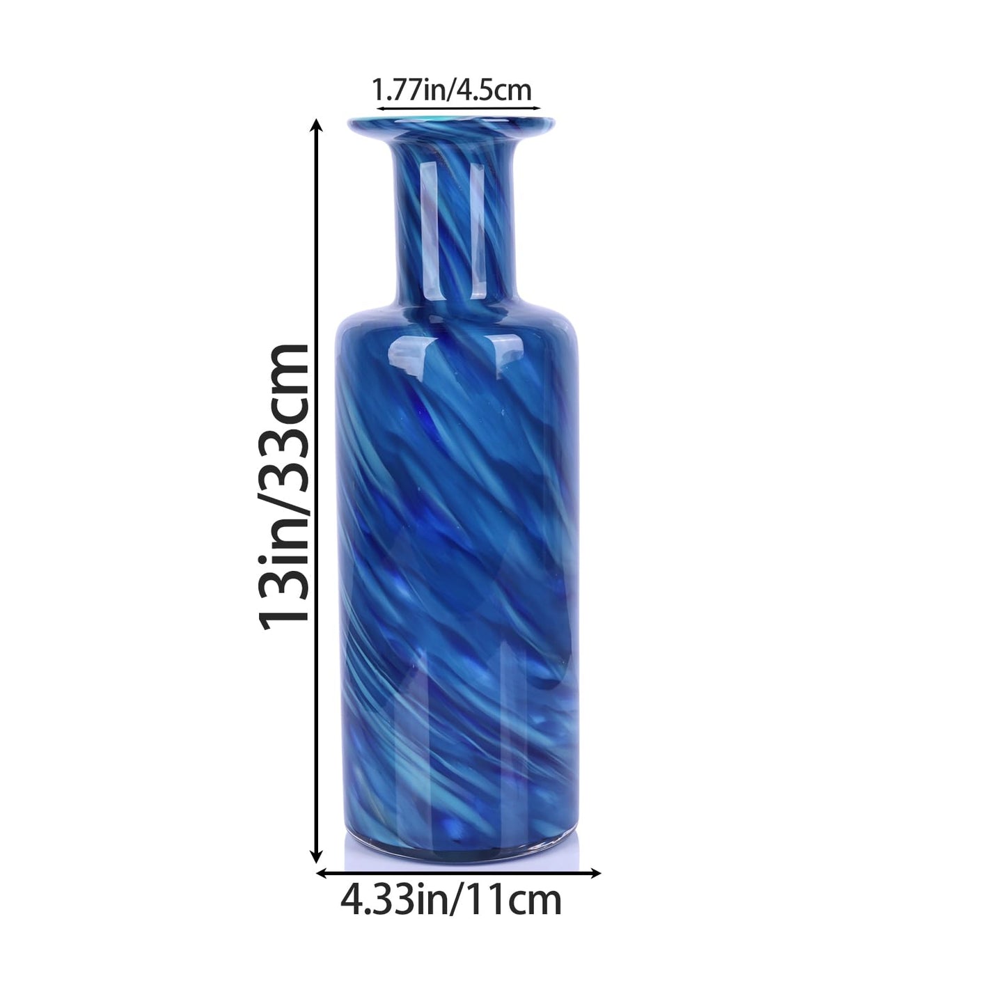 13" H Hand-Blown Glass vase, Modern Art Glass Cylindrical vase, Blue Glass Decorative vase, Ideal for Living Room Dining Table centerpieces, TV Console, Office, or Console Table Decor.