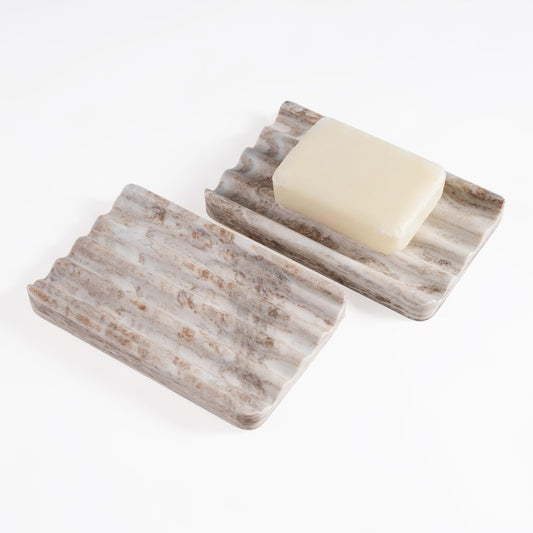 2 Pcs Soap Dish for Bathroom, Marble Bar Soap Holder for Kitchen Countertop, Soap Tray with Wavy Design, Soap Saver for Bath Tub, Sponges, Italian Natural Stone(Palissandro Classico)