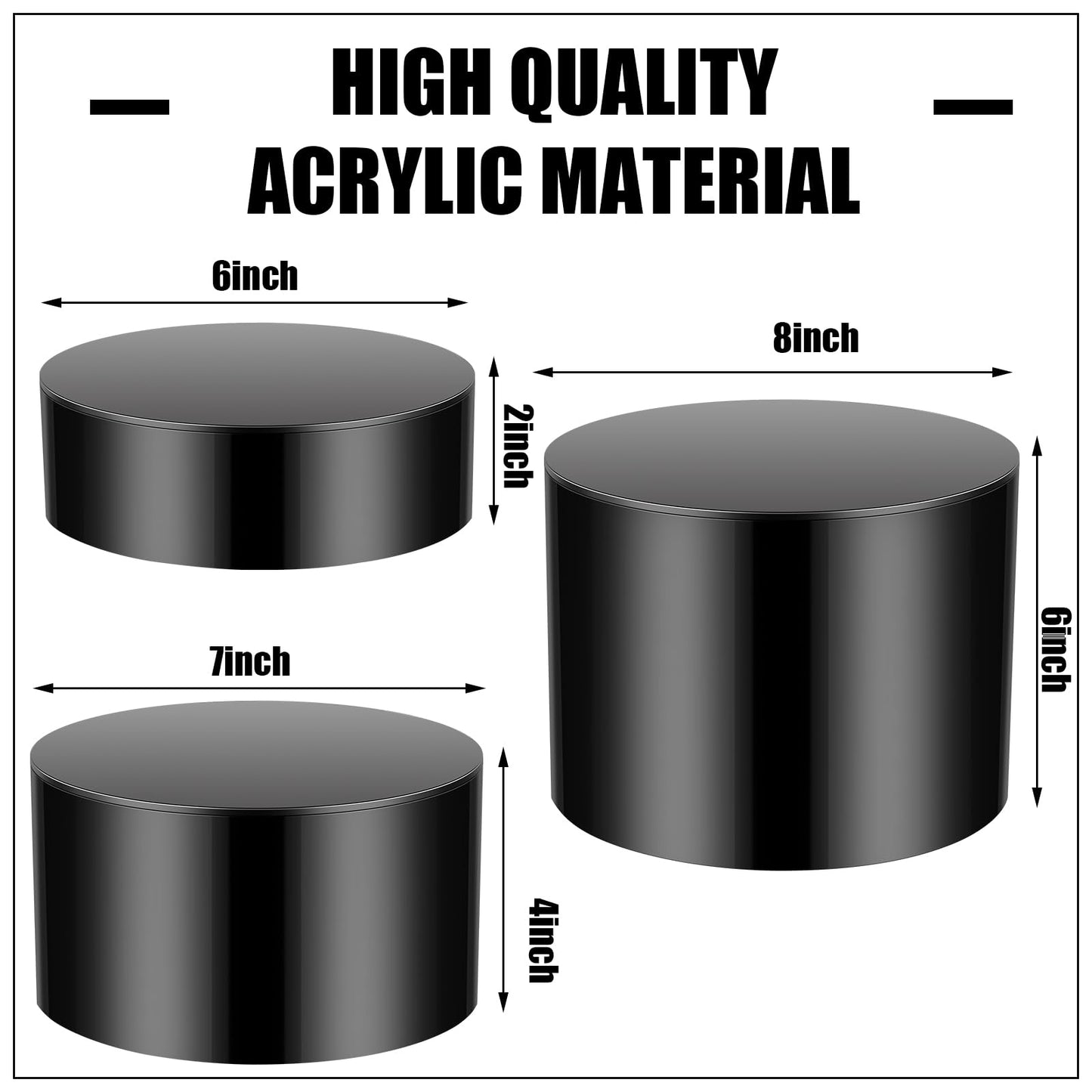Weysat 3 Pcs Black Acrylic Risers for Display Stands, Round Cake Dessert Stand 3 Sizes, 6"x2", 7"x4", 8"x6", Food Risers Cylinder Nesting with Hollow Bottom for Wedding Parties Brunch Jewelry Show