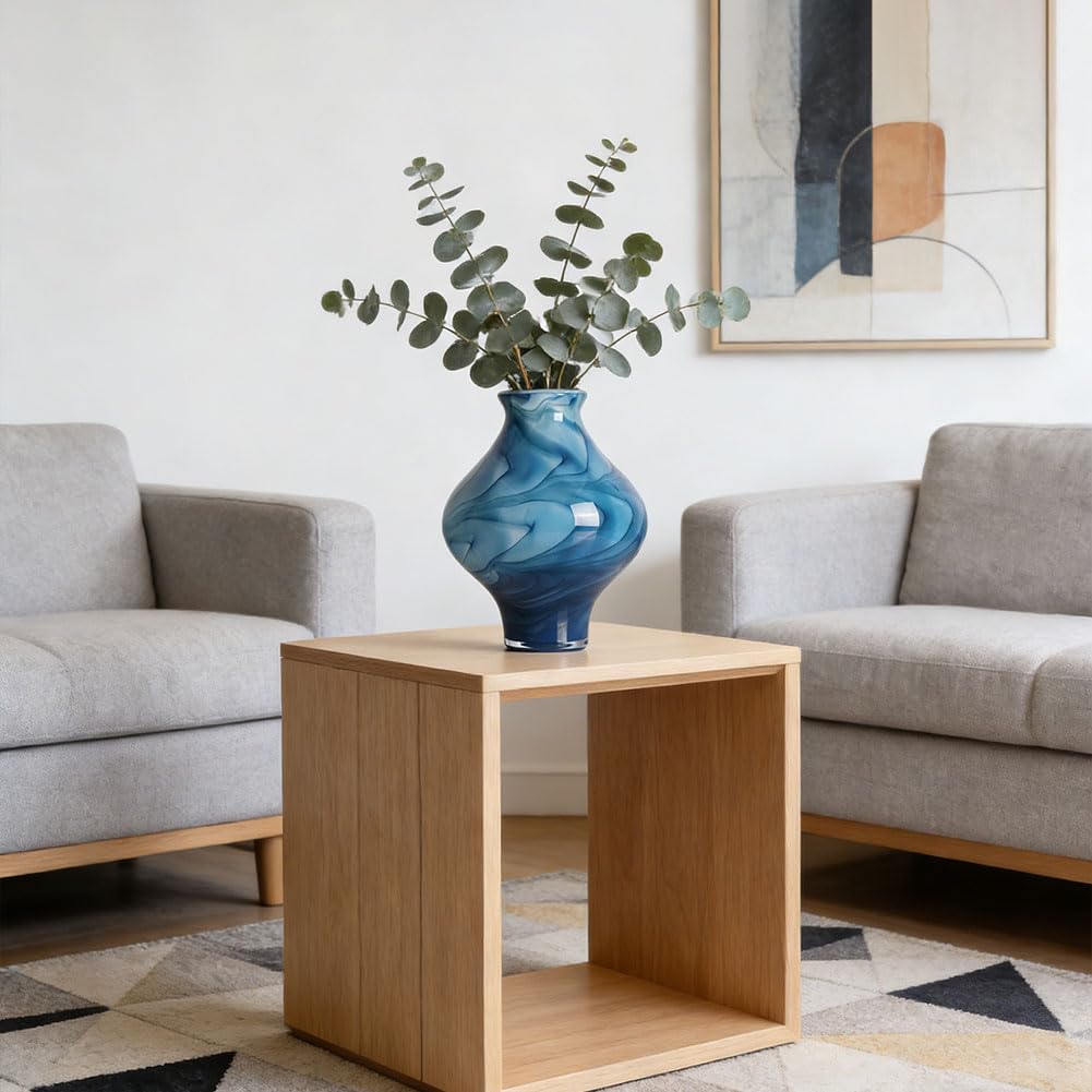 Hand Blown Blue Glass Vase, 9.5" Unique Blue Decor Glass Vases, Modern Hand Blown Glass Vase Decor for Home Living Room, Office, Table centerpieces, Shel, Kitchen, Bathroom Decorative