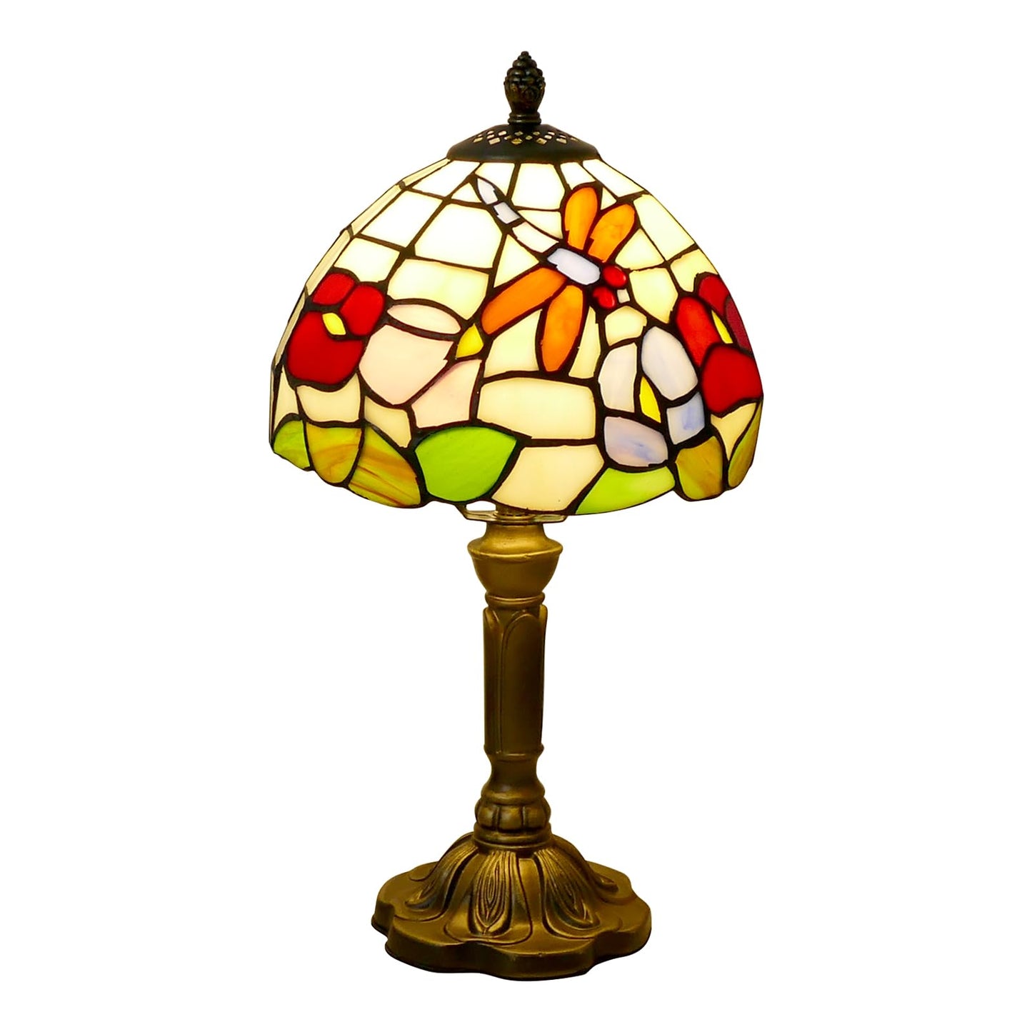 VirtueKing Tiffany Table Lamp Beautiful Dragonfly and Flower Style Lamp Handmade Stained Glass Desk Lamps Gifts Resin Base 14.2" Tall Vintage Reading Lamp for Office,Living Room, Bedroom, Study Room