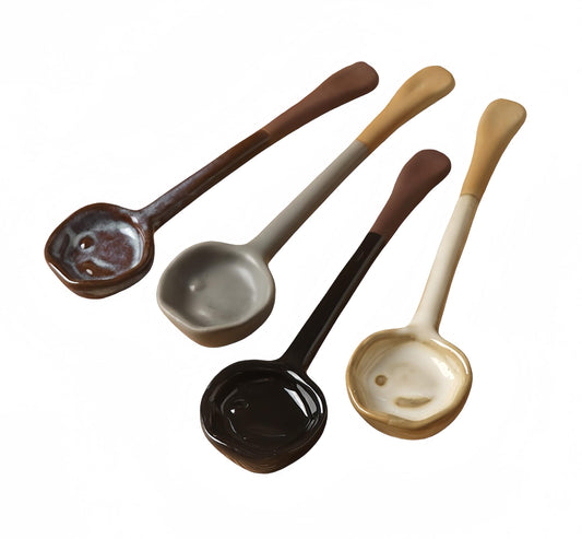 4-Pack - Ceramic Vintage Afternoon Tea, Coffee Whisk, Handmade Spoon, Long-Handle Coffee Scoop, tea scoop for loose tea, Size 5.9 * 1.5in(15 * 4cm)