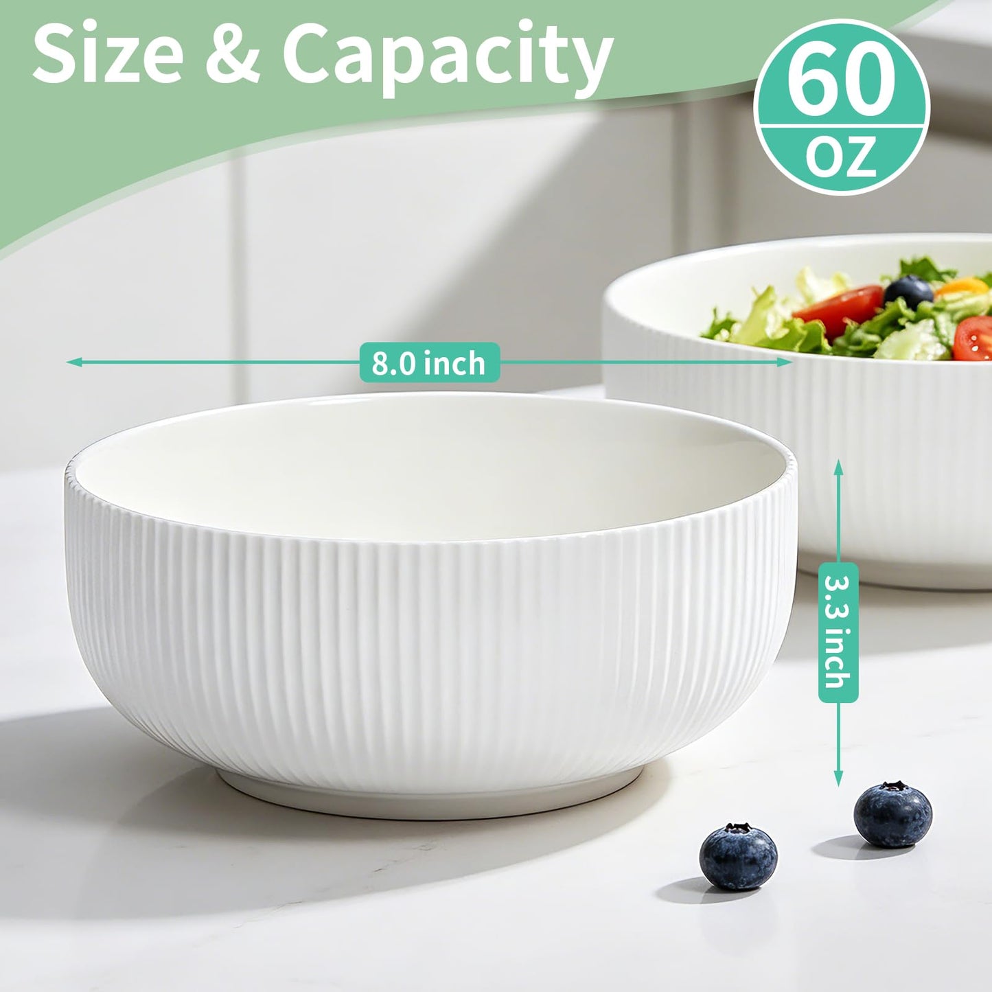 DANALLAN Salad Bowl, 2Pcs Mixing Bowls Set 8 inch 60 oz Large Ceramic Pasta Serving Soup Ramen Bowl for Kitchen Dishwasher and Microwave Safe