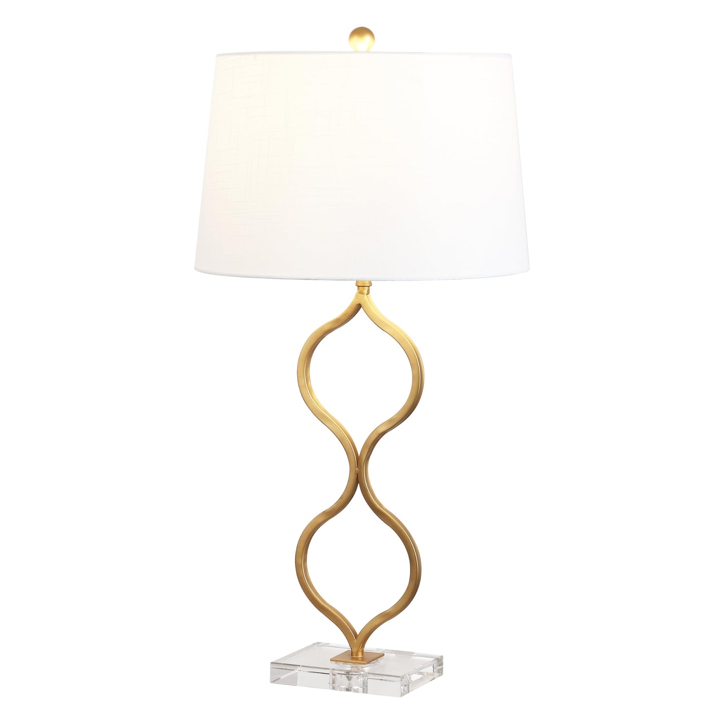 JONATHAN Y 31.5" Gold Curved Metal and Crystal Table Lamp, Modern Glam Bedside Lamp with White Linen Drum Shade for Living Room and Bedroom, LED Bulb Included JYL3028A