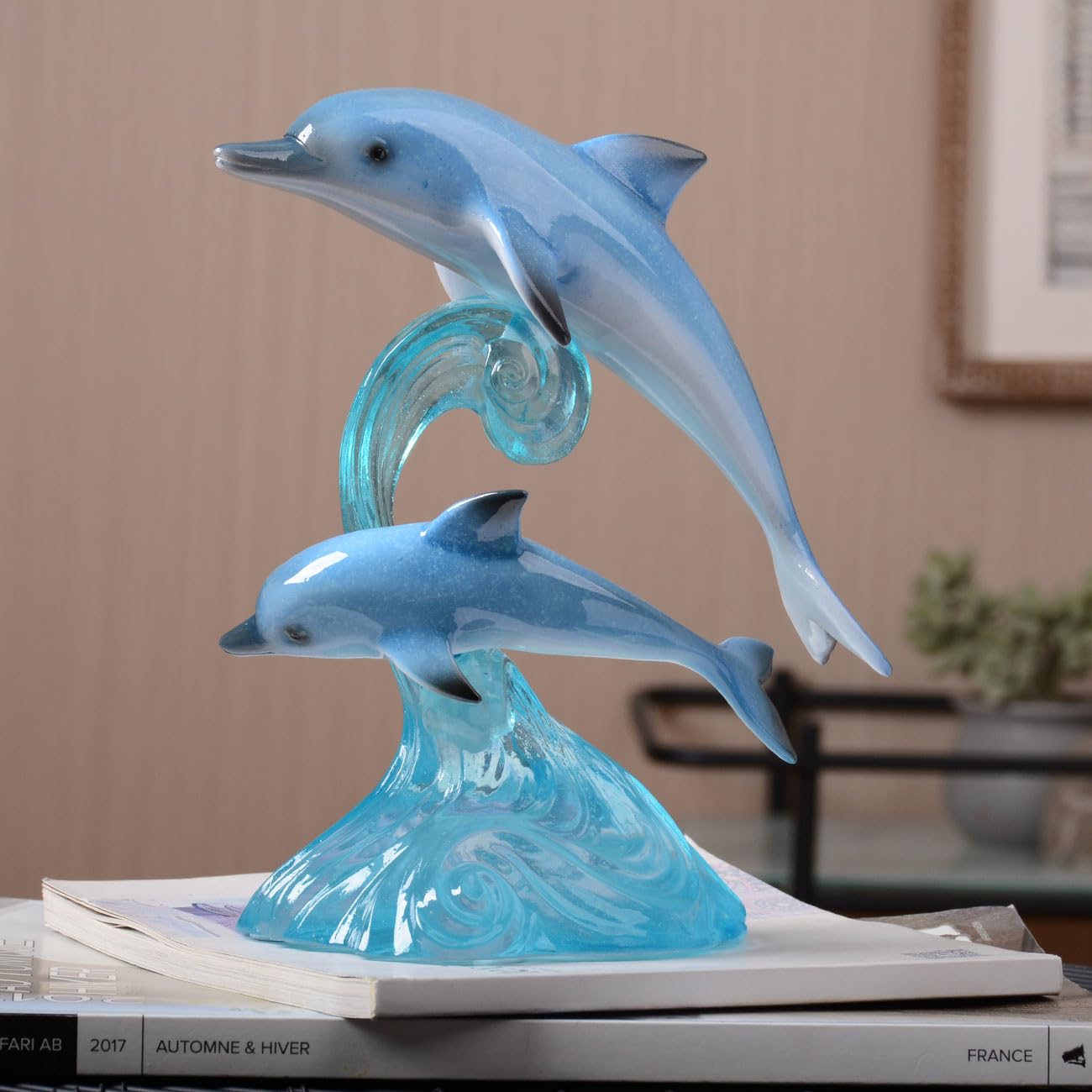 HAUCOZE Dolphin Decor Figurine Ocean Statue Modern Art Sculpture Home Gift for Bookshelf Living Room Office Polyresin 8.7 Inch