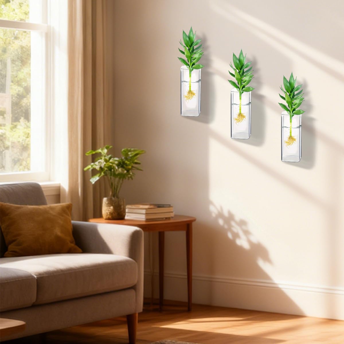 Aulufft 6 Pcs Glass Wall Mounted Planters, Hanging Glass Tubes Flower Vase, Wall Vase for Plants Indoor, Propagation Wall Planter Container for Hydroponics Plants, Garden Wedding Decor