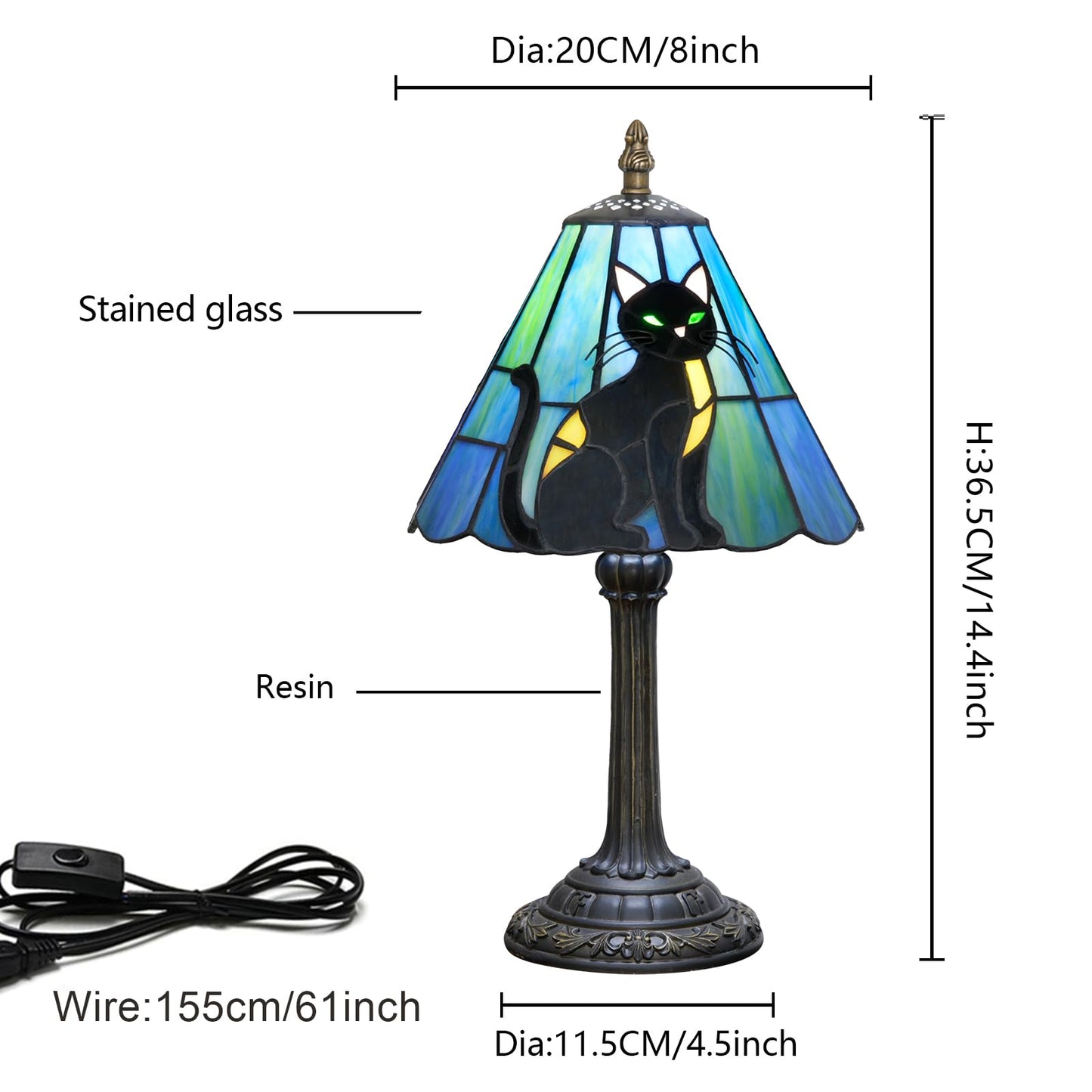 KIPHEPI Tiffany Lamp Stained Glass Table Lamp 8X8X14 Inches Black Cat Style Living Room Bedroom Dorm Kitchen Home Decor Festival Birthday Gift