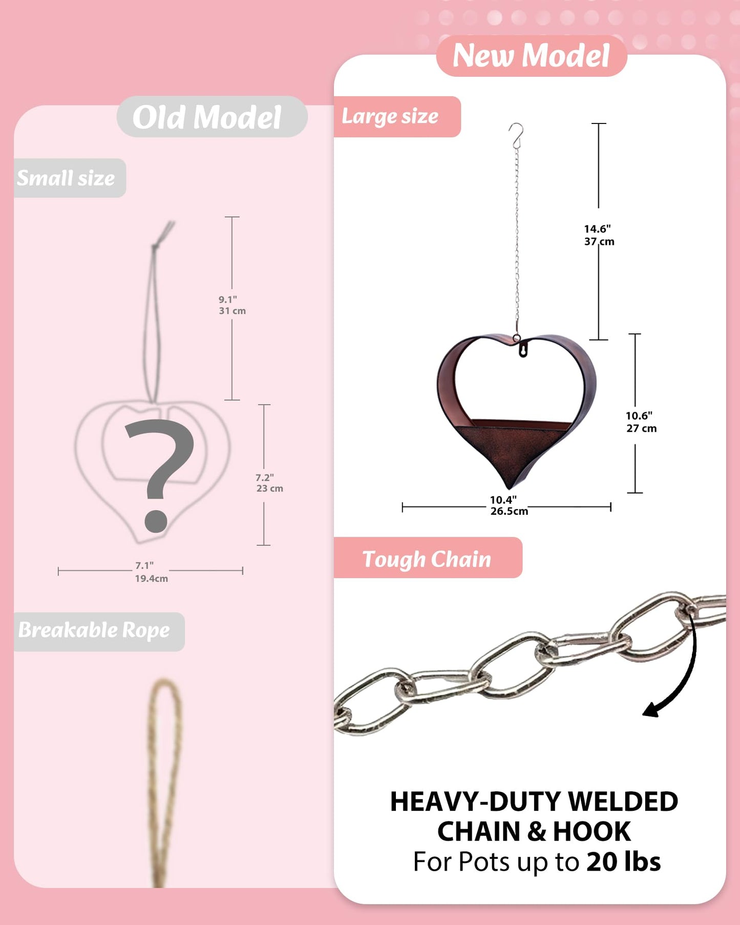 Philodwell Metal Plant Hangers Indoor and Outdoor:Birthday Gifts for Mom Women Her Wife Garden Lovers - Heart Shape Hanging Planters for Window Wall Living Room Office Decor(Rustic)