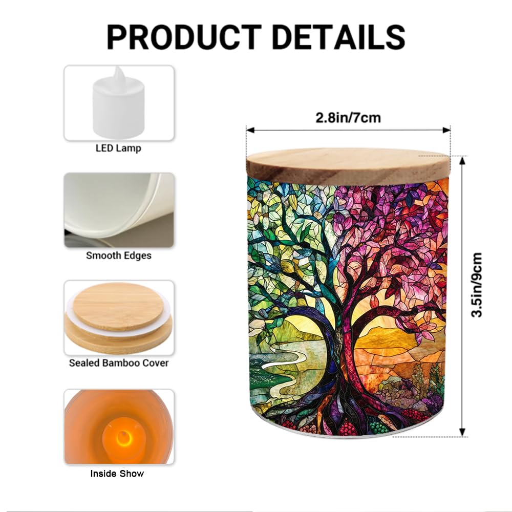 Stained Glass Tree of Life Tea Light Candle Holder with Bamboo Lid, Tree of Life Decorations Light Glass Tealight Holder, LED Candle Tealight Jar for Birthday,Wedding,Home Decor