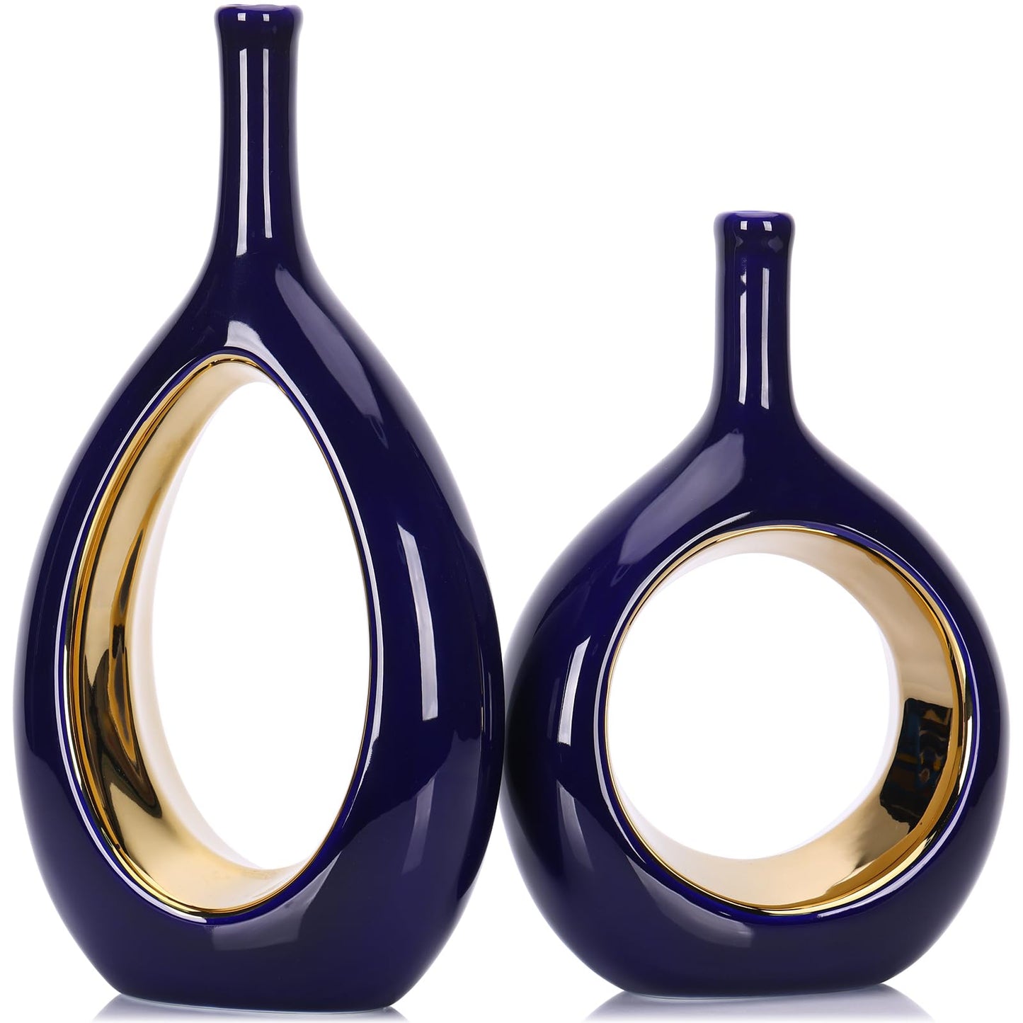 Blue and Gold Vase Ceramic Blue Vases Home Decor,Modern Minimalist Circle with Hole Decorative Vase, Hollow Ellipse Flower vases for Bookshelf, Fireplace Mantle, Centerpieces,Farmhouse,Rustic Décor