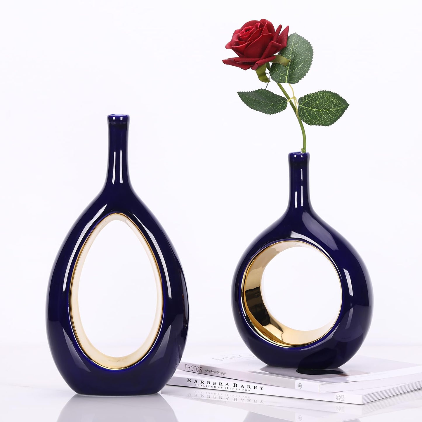 Blue and Gold Vase Ceramic Blue Vases Home Decor,Modern Minimalist Circle with Hole Decorative Vase, Hollow Ellipse Flower vases for Bookshelf, Fireplace Mantle, Centerpieces,Farmhouse,Rustic Décor