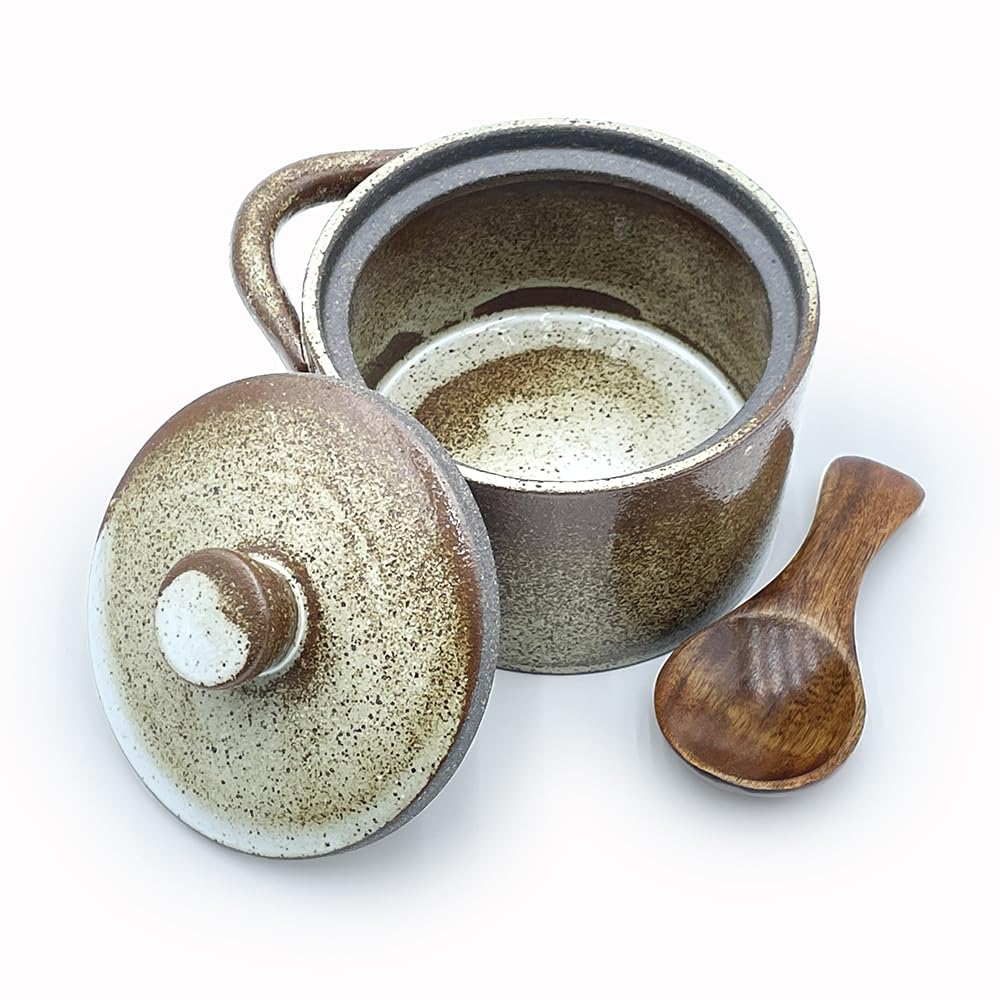 YILUSHENGHUA 8 oz Ceramic Salt Cellar with Lid & Wooden Spoon,Countertop Salt Container,Sugar Bowl,Spices Jar|Terracotta Home Kitchen Decor(Coarse Pottery Color)