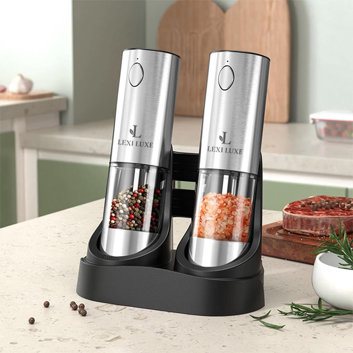 Electric Salt and Pepper Grinder Set, Rechargeable USB-C Automatic Grinder with Charging Base, LED Light, Adjustable Coarseness – Stainless Steel Pepper Mill Set (SILVER)