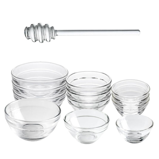1 Pack Glass Honey Dipper, 6 Inches Clear Drizzler for Honeypot, Honeycomb Spoon Mixing Stirrer + 3 Sizes of Glass Prep Bowl Sets, Small Pinch Bowls for Salt, Spices, 1.5oz/2.5oz/3.5oz, Set of 12
