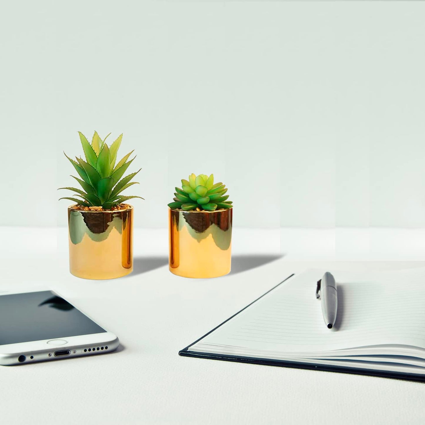SasaAccueil Faux Succulent Artificial Plants 7'' & 5'' in Pots Home Decoration Set of 2 Gold Pots
