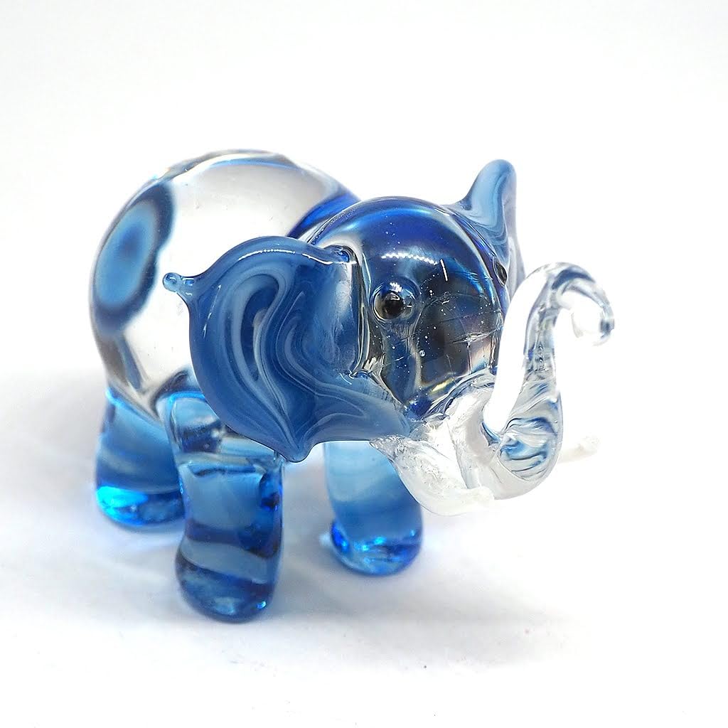 ZOOCRAFT Lucky Elephant Figurines Blue Hand Blown Art Glass Collectible Animal Ornament Gift Decor, 1.5 x 2.5 x 1.8 inches