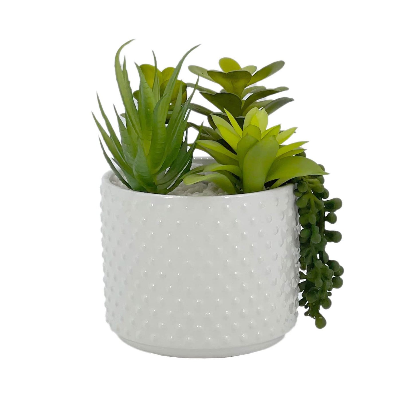 Galt International Faux Assorted Succulent Arrangement in White Dimpled Ceramic Porcelain Pot Planter 7.87" Tall | Home Decor Living Room Kitchen Washroom Restroom Office Plant