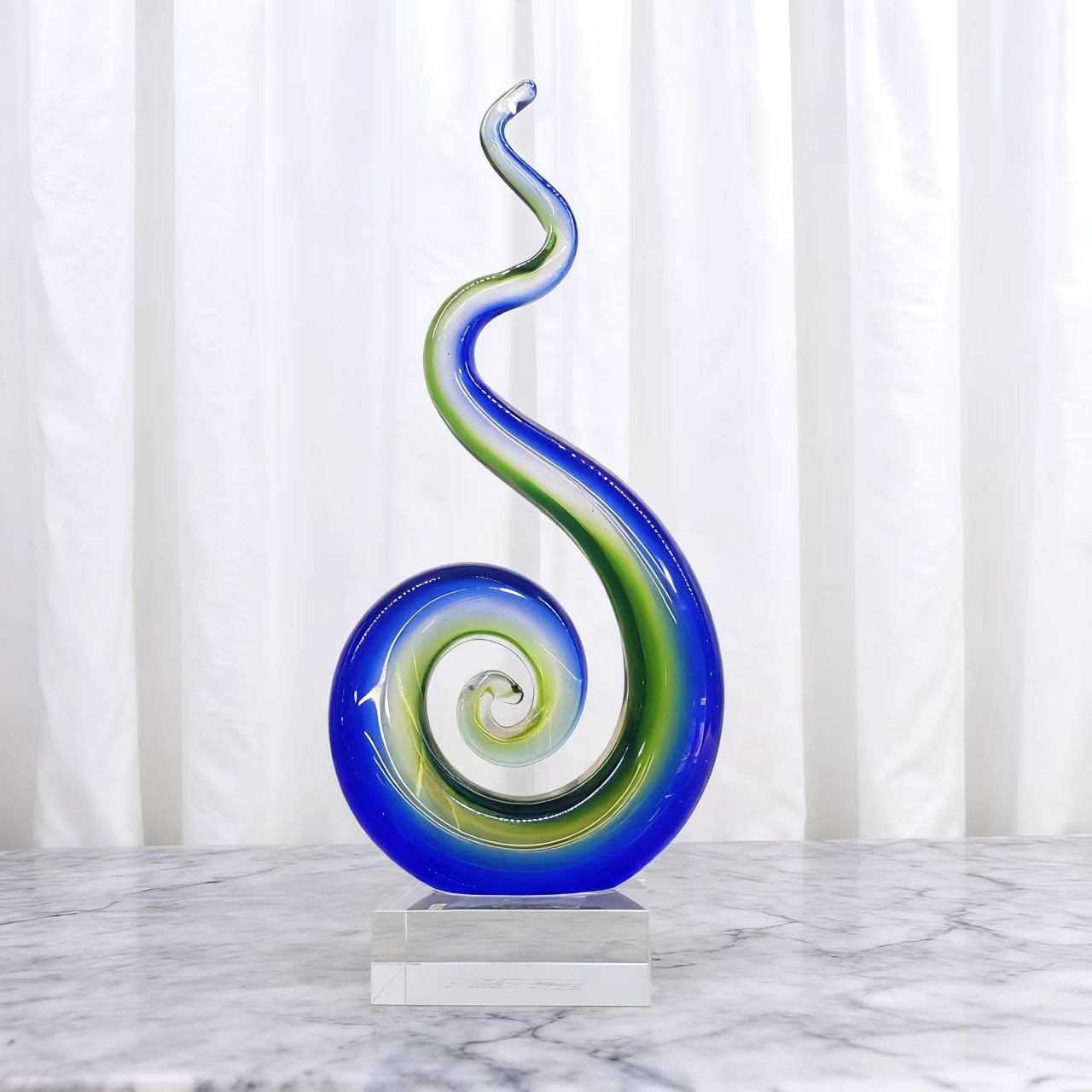 WINGSIGHT Handmade Blown Glass Sculpture, Abstract Spiral Design, Blue and Green Art Ornament with Clear Base, European Style Tabletop Decor