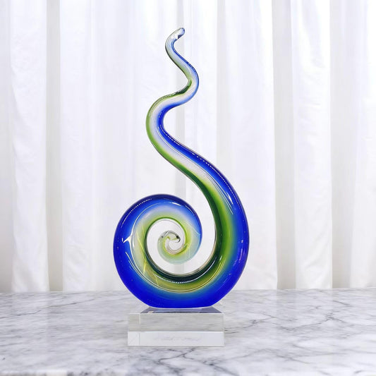 WINGSIGHT Handmade Blown Glass Sculpture, Abstract Spiral Design, Blue and Green Art Ornament with Clear Base, European Style Tabletop Decor