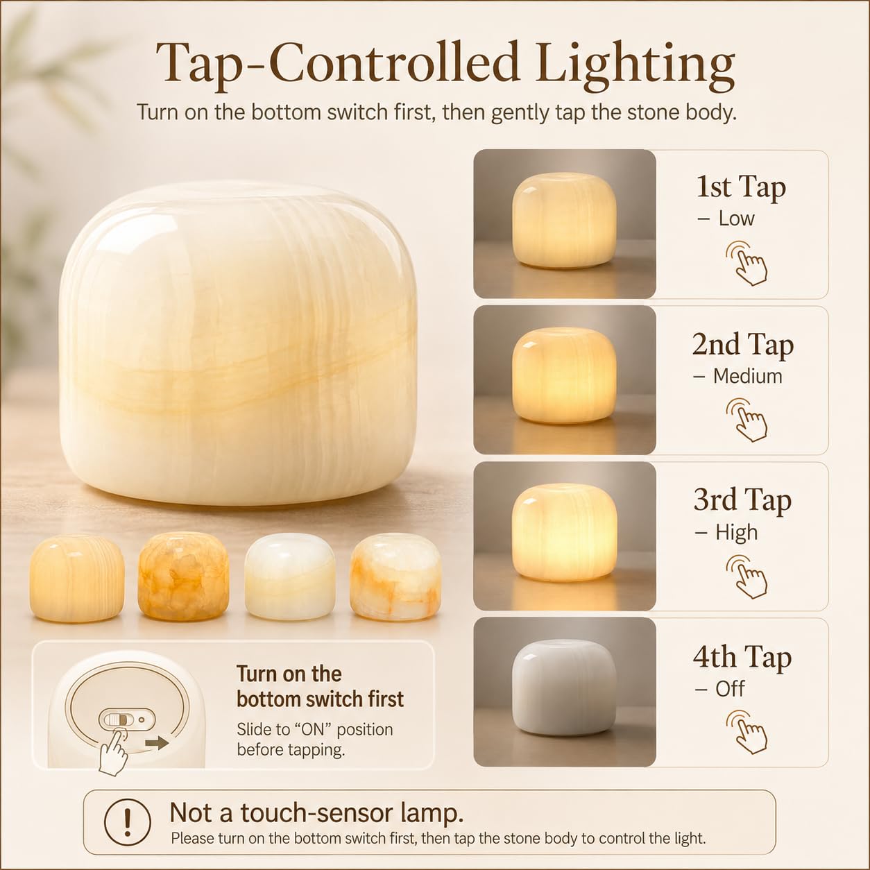 Lierlava Natural Marble Tap Lamp,Hand-Carved Stone Ambient Light,