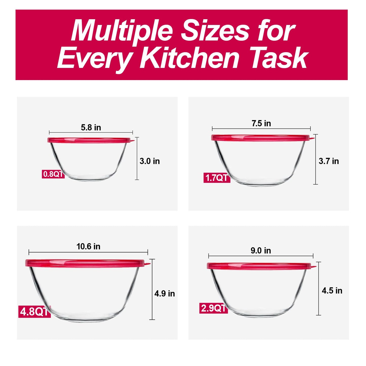 KOMUEE 4 Pack Glass Mixing Bowls Set with Lids (4.8QT, 2.9QT, 1.7QT, 0.8QT), Glass Nesting Bowls for Kitchen Baking, Cooking and Serving, Oven, Dishwasher, Freezer, and Microwave Safe