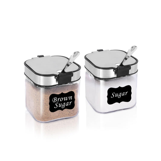 Aelga Glass Sugar Bowl with Lid and Spoon, 8.5 OZ Sugar Container Stainless Steels Flip Lid, Salt Container for Kitchen, Coffer Bar Accessories, Countertop, 2 Pack