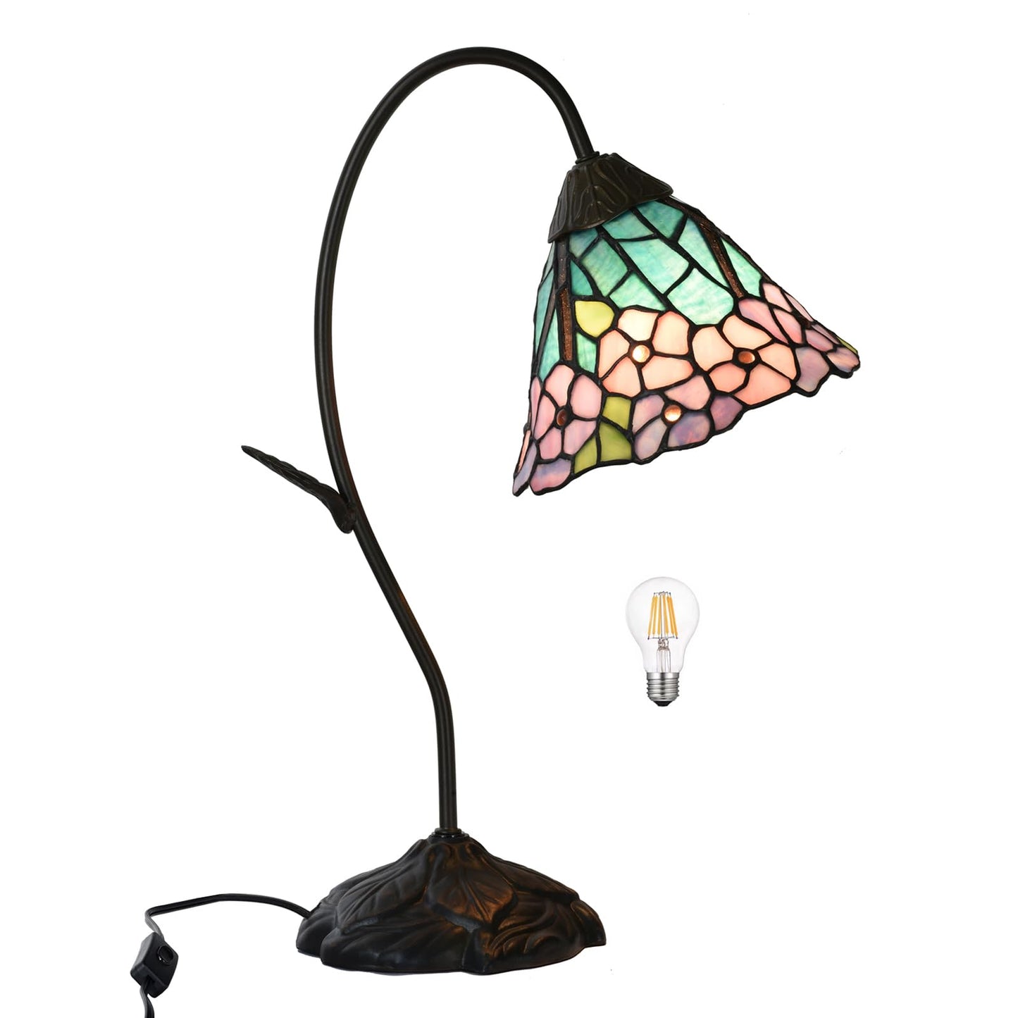 HomeBeauty TL0040 Tiffany Style Table Lamp,Handmade Stained Glass Hydrangea Desk Lamp,Vintage Gooseneck Accent Lamp,W 11.25" x H 19" for Bedroom Living Room,Nightstand,LED Bulb Included