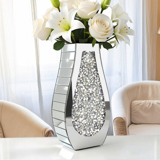 15" Crushed Diamond Mirror Vase, Silver Luxury Table Decor