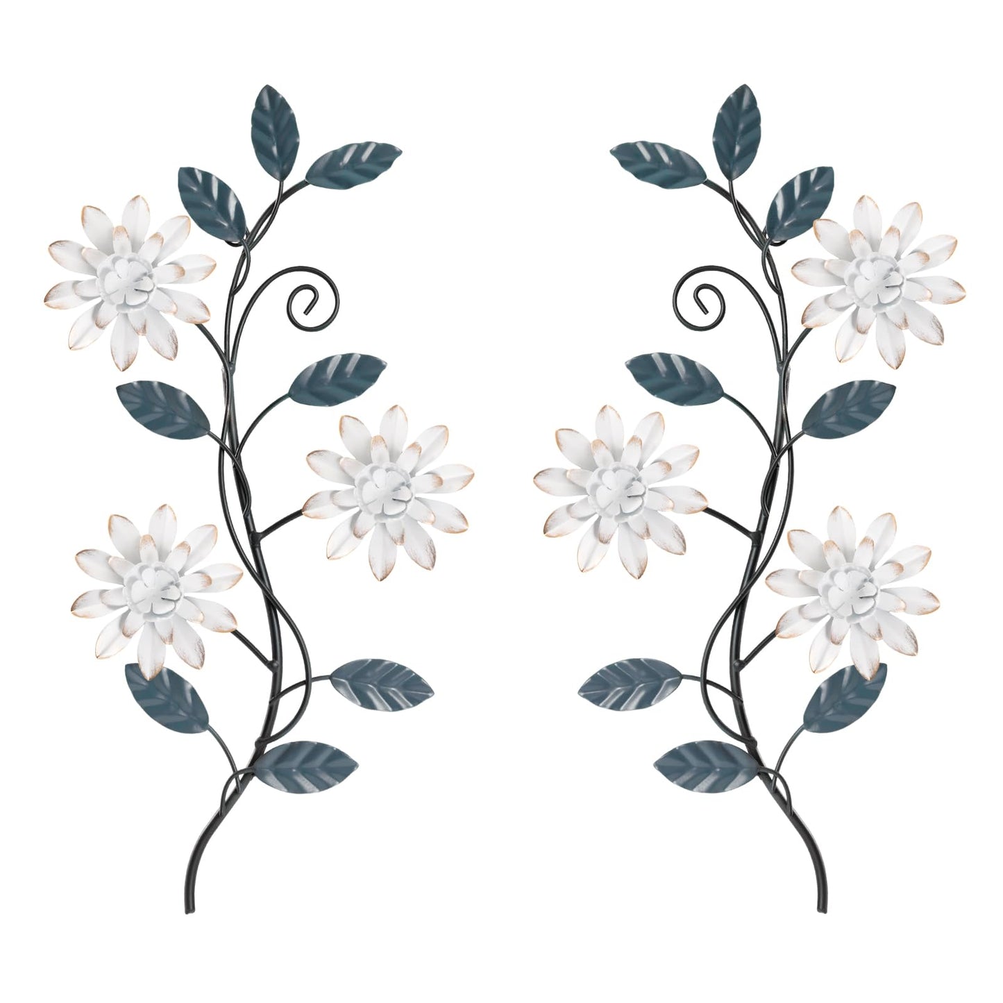 KHJCXS 2 Pieces Metal Flower Leaf Wall Art, 15.1"×7.3" Modern Rustic Iron Artwork Hanging Decor for Home Bedroom Living Room Dining Room Kitchen Hallway Office (White)
