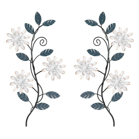 KHJCXS 2 Pieces Metal Flower Leaf Wall Art, 15.1"×7.3" Modern Rustic Iron Artwork Hanging Decor for Home Bedroom Living Room Dining Room Kitchen Hallway Office (White)