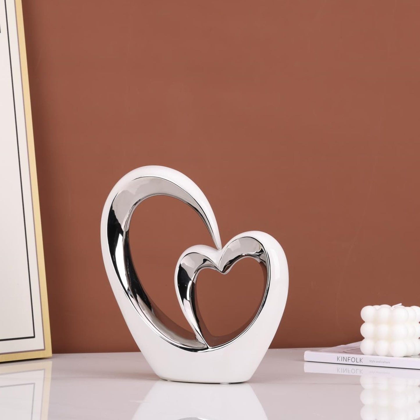 LCCCK Porcelain Double Heart Decor,White and Silver Sculpture Home Decor for Living Room Entryway Coffee Dining Table Shelves, Wedding Anniversary, Valentine's Gift for Couples & Lovers Modern