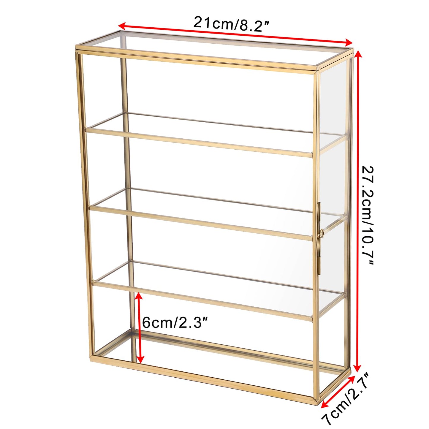 JUXYES 4 Tiers Tabletop Brass Glass Rock Display Case with Latch Door, Modern Clear Rocks Display Case Box with Mirror Bottom, Gold Dust Proof Case for Collectible, Mineral Crystal, Stones