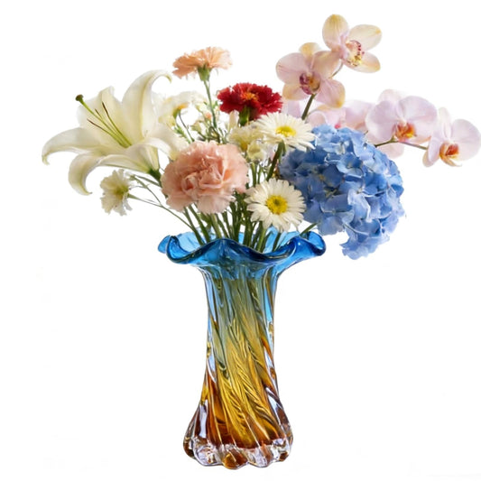 Hand Blown Glass Vase - Blue & Gold Gradient Unique Flower Vase for Centerpieces, Home Decor & Living Room Table Colored Glass Vase for Flowers