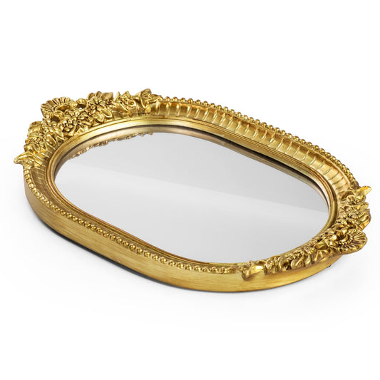 GUOER Vintage Antique Decorative Bathroom Vanity Tray Decor Mirror Tray for Dessert Table Coffee Table Vanity Home Decor Serving Tray with Handle Gold