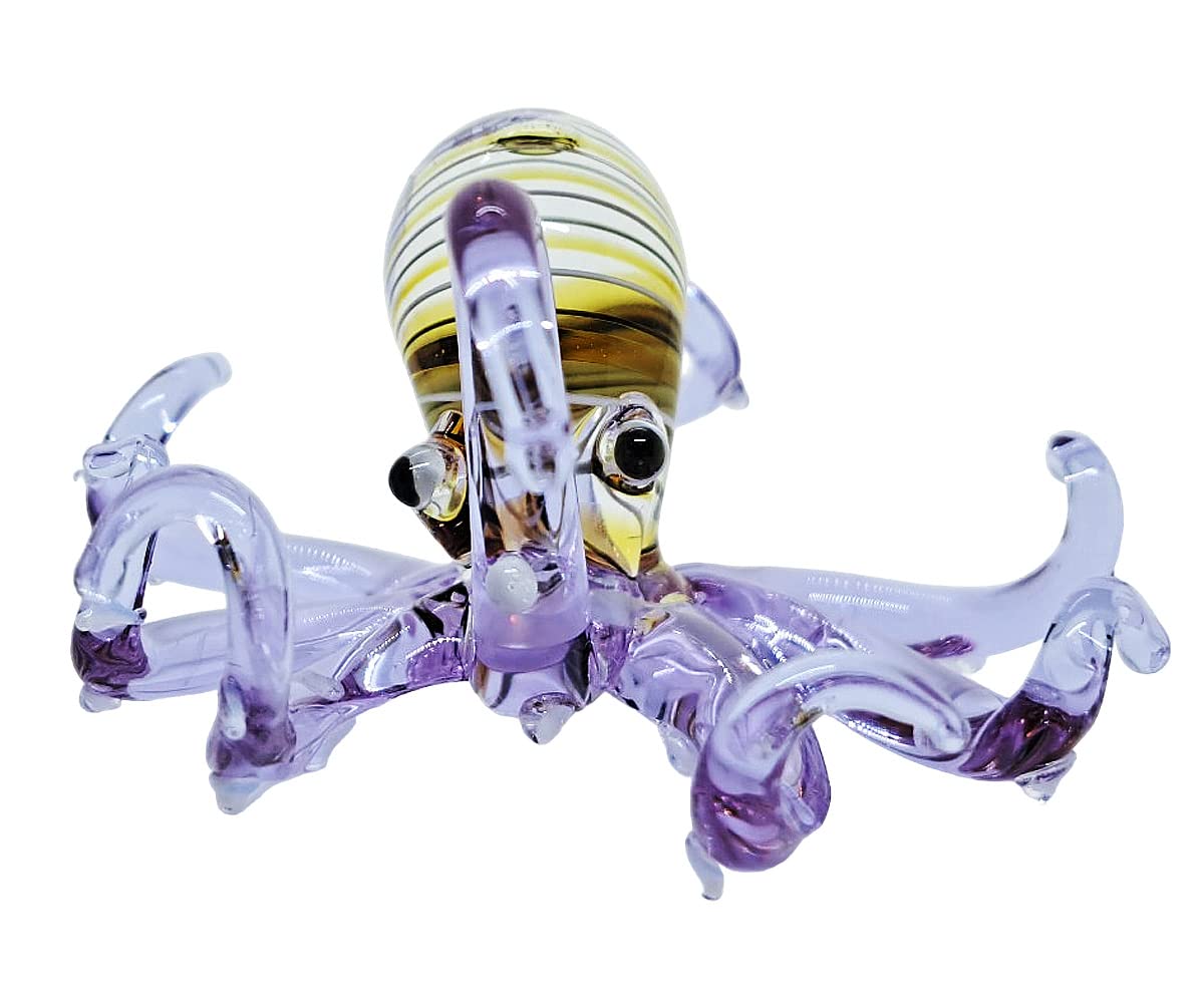 WitnyStore 3" Striped Yellow Purple Octopus Artistic Blown Glass Figurine Premium Hand-Blown Statue Tabletop Decoration Unique Collectible for Adult Collectors Handcrafted Elegant Home Room Decor