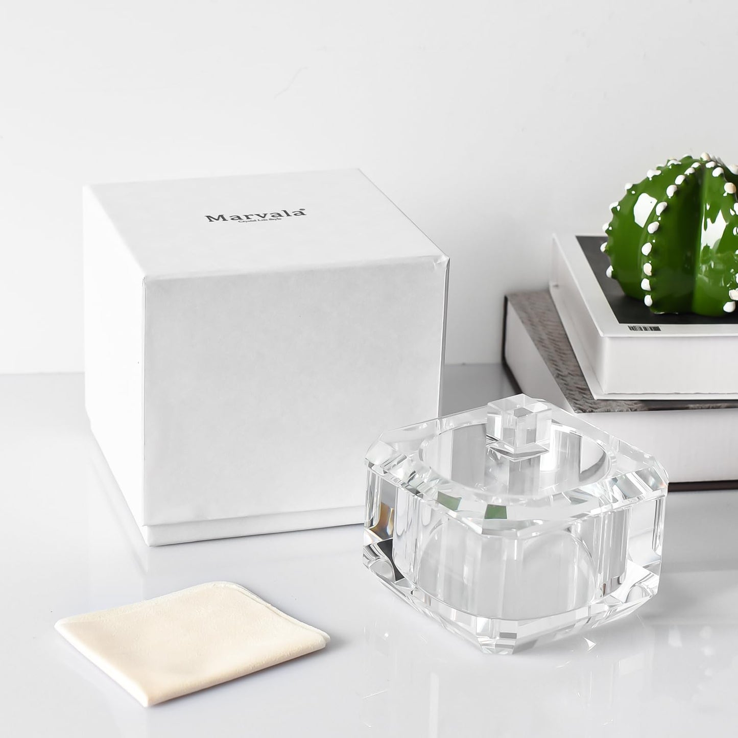 Marvala Crystal Candy Dish with Lid, Clear Candy Containers Desk Decor, Jewelry Box Candy Jar W 4" x H 3.5", Comes With Gift Box
