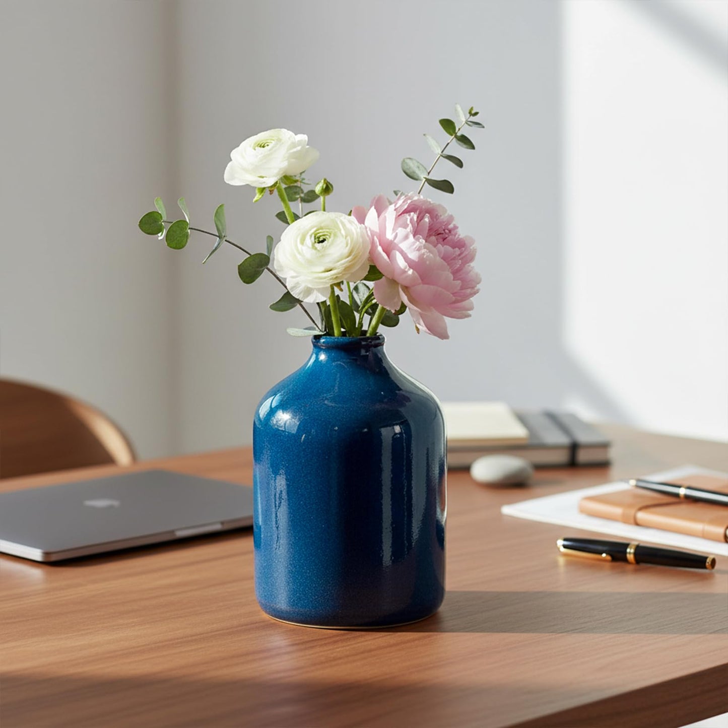 Sunddo Blue Flower Vase - 7 Inch Ceramic Decorative Vase - Rustic Farmhouse Vases for Home Decor, Shelf Decor, Dresser, Living Room, Office Desk Decoration