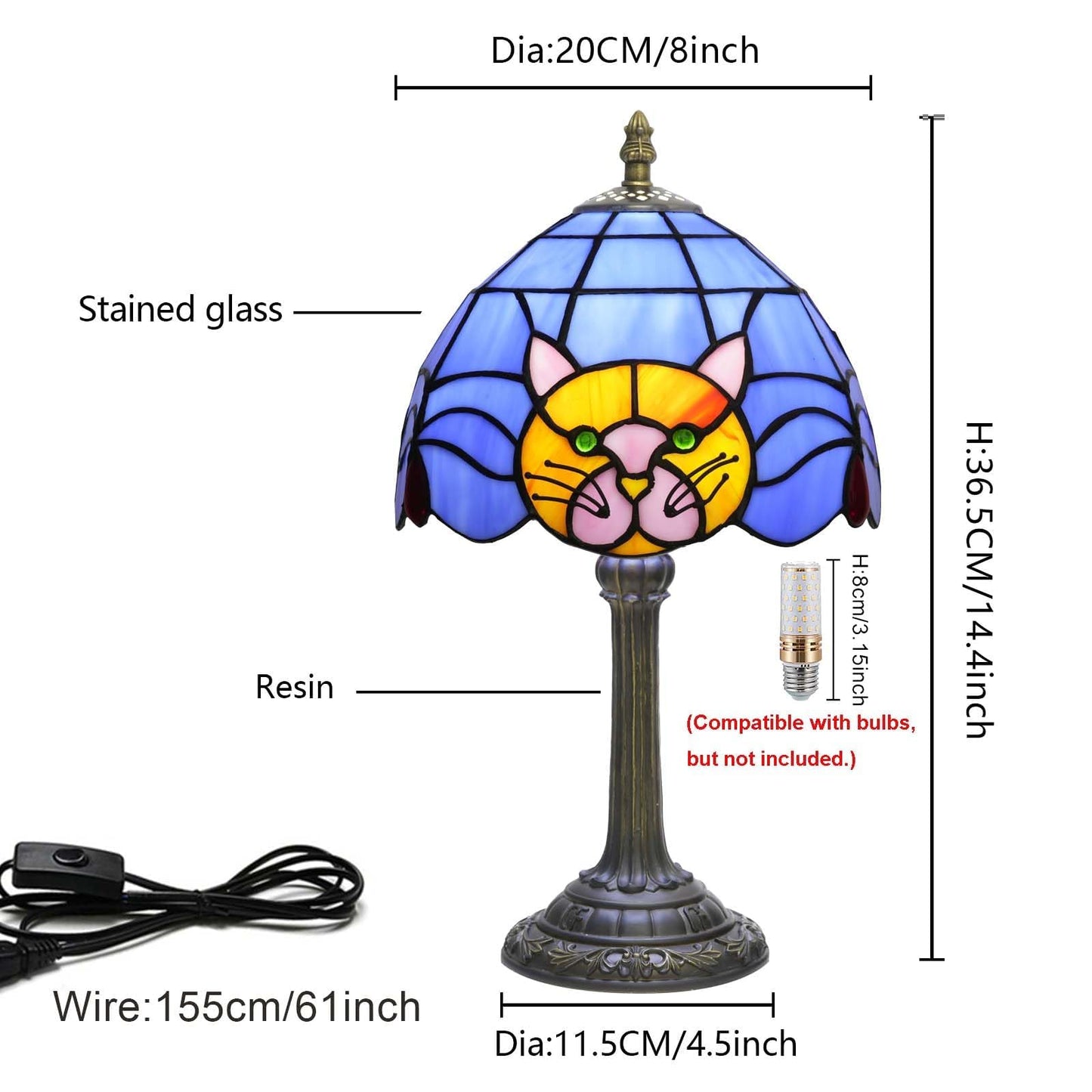 Orange Cat Lamp Tiffany Lamp Blue Stained Glass Table Lamp Cute Small Bedside Nightstand Desk Lamp Warm Light Bedroom Office Living Room Kitchen for Cat Lovers Gift Halloween Christmas Kids Decor LED